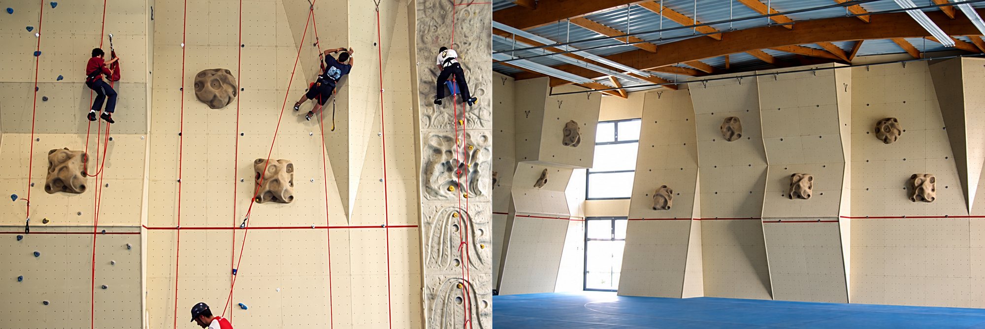Deux vues d'une salle d'escalade : à gauche des grimpeurs encordés sur un haut mur à prises, à droite des panneaux inclinés sous une charpente avec un sol bleu.