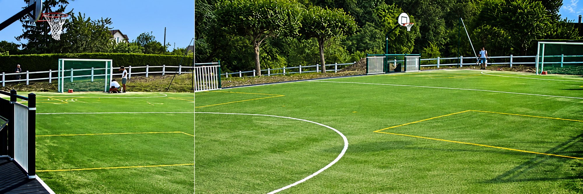 Deux vues d'un terrain multisport en gazon synthétique vert avec lignes blanches et jaunes, buts, panier de basket et barrières blanches.